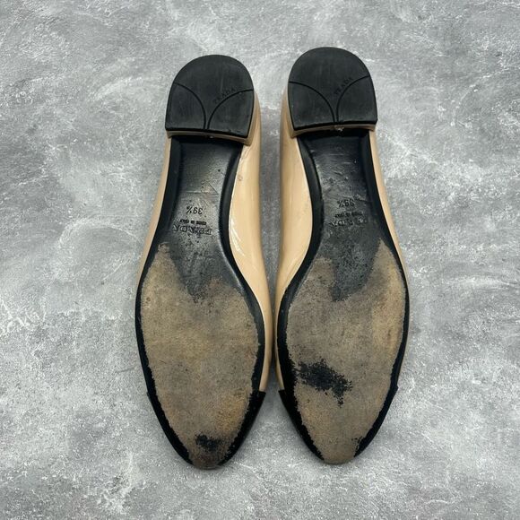Prada Beige Black Leather Ballet Flats Slip On Size 39.5 Bow Accent Cap Toe - Picture 7 of 13